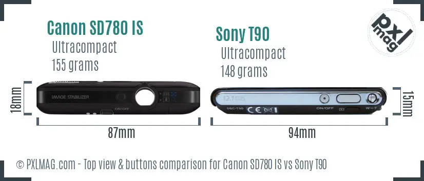 Canon SD780 IS vs Sony T90 top view buttons comparison