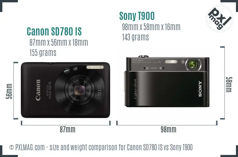 Canon SD780 IS vs Sony T900 size comparison