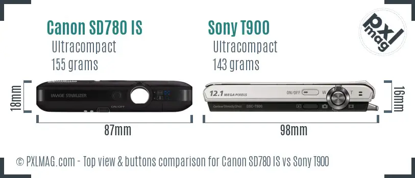 Canon SD780 IS vs Sony T900 top view buttons comparison