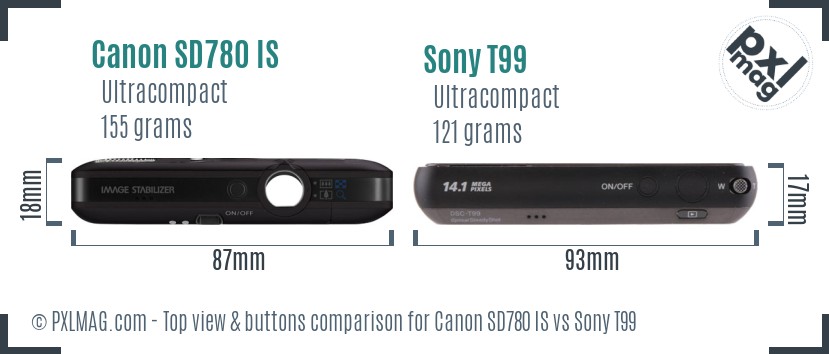 Canon SD780 IS vs Sony T99 top view buttons comparison