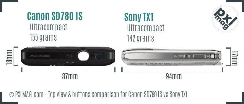 Canon SD780 IS vs Sony TX1 top view buttons comparison