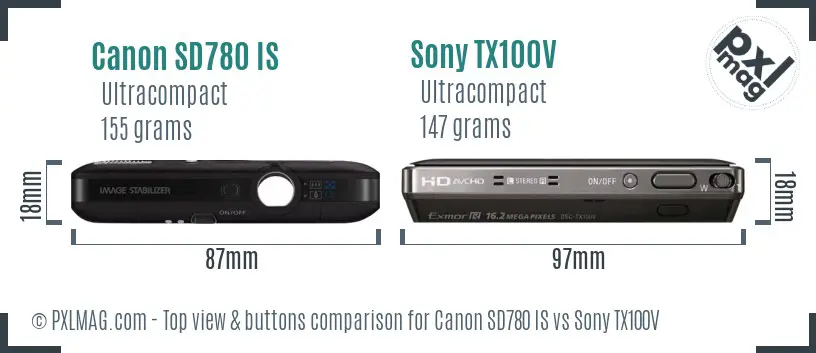 Canon SD780 IS vs Sony TX100V top view buttons comparison