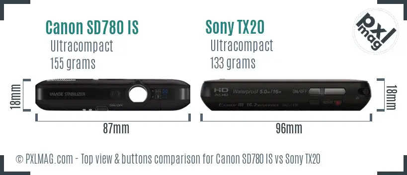 Canon SD780 IS vs Sony TX20 top view buttons comparison