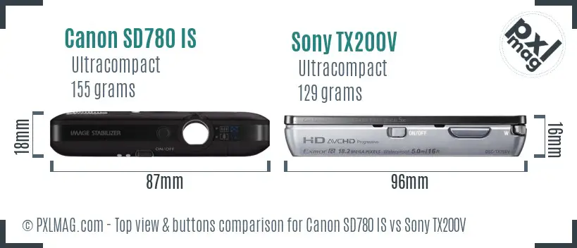 Canon SD780 IS vs Sony TX200V top view buttons comparison