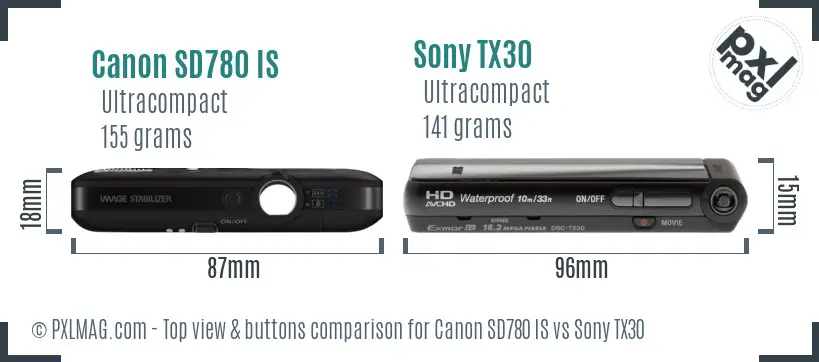 Canon SD780 IS vs Sony TX30 top view buttons comparison
