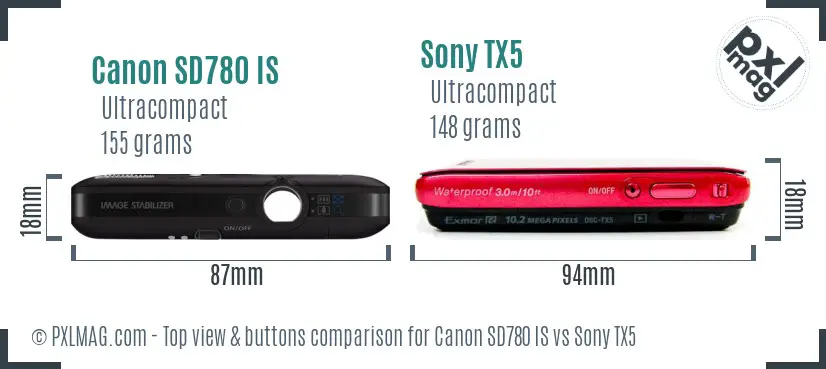 Canon SD780 IS vs Sony TX5 top view buttons comparison