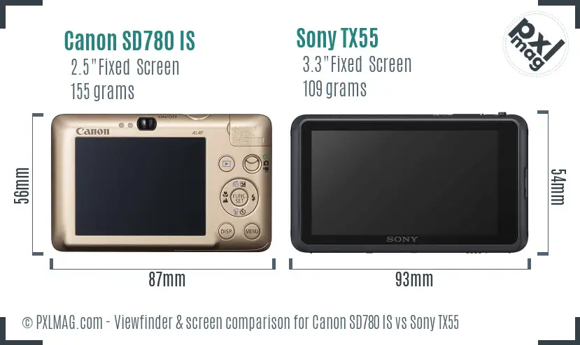 Canon SD780 IS vs Sony TX55 Screen and Viewfinder comparison