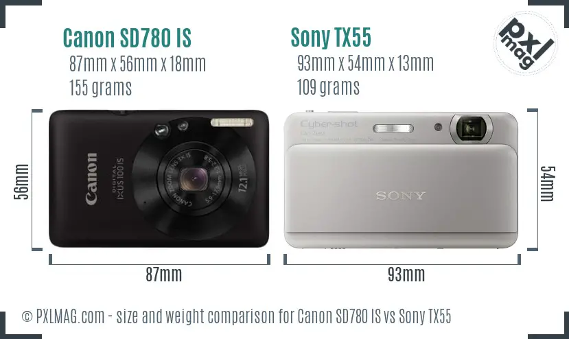 Canon SD780 IS vs Sony TX55 size comparison