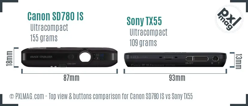 Canon SD780 IS vs Sony TX55 top view buttons comparison