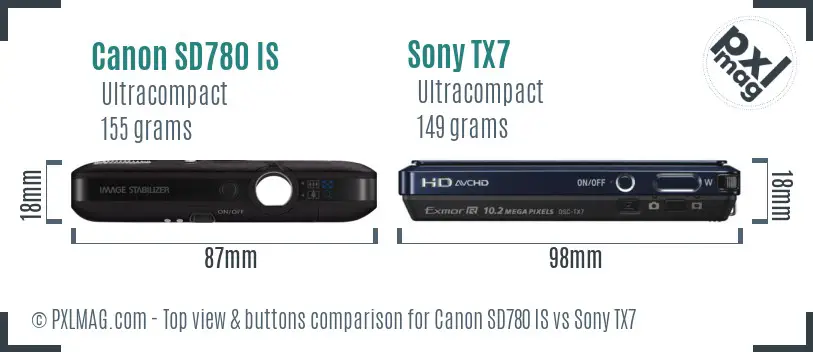 Canon SD780 IS vs Sony TX7 top view buttons comparison