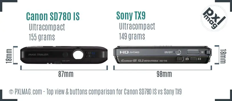 Canon SD780 IS vs Sony TX9 top view buttons comparison