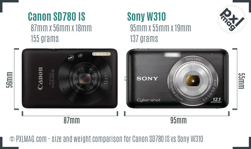 Canon SD780 IS vs Sony W310 size comparison