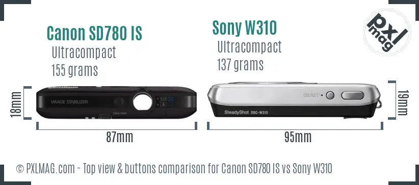 Canon SD780 IS vs Sony W310 top view buttons comparison