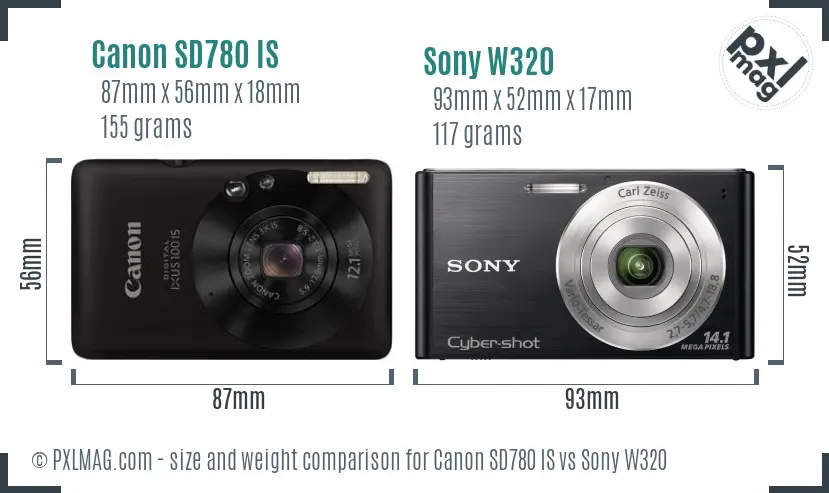 Canon SD780 IS vs Sony W320 size comparison