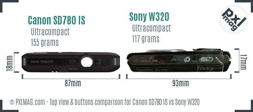 Canon SD780 IS vs Sony W320 top view buttons comparison