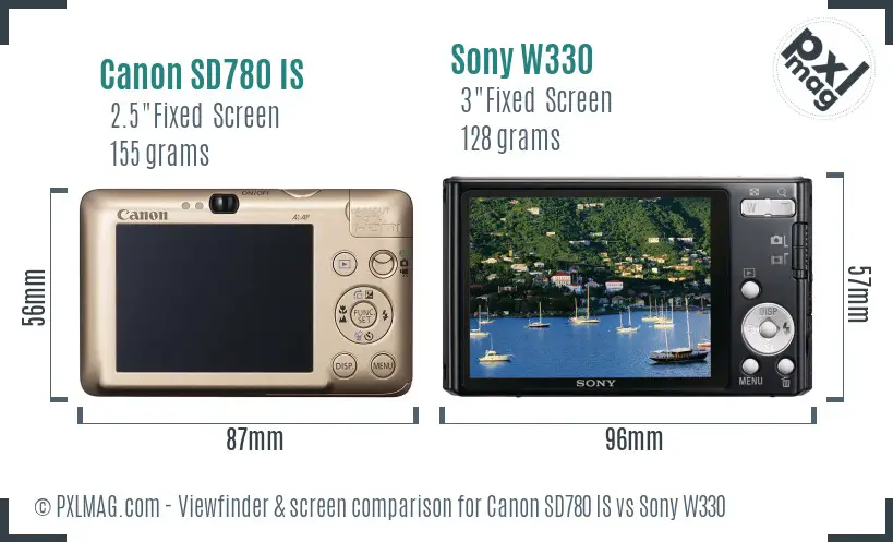 Canon SD780 IS vs Sony W330 Screen and Viewfinder comparison