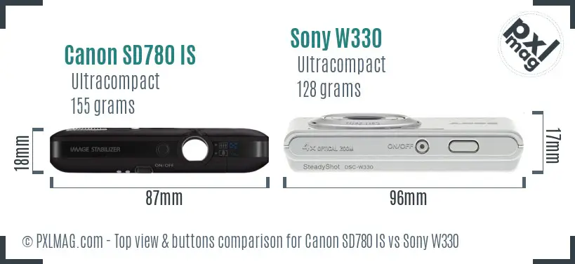 Canon SD780 IS vs Sony W330 top view buttons comparison