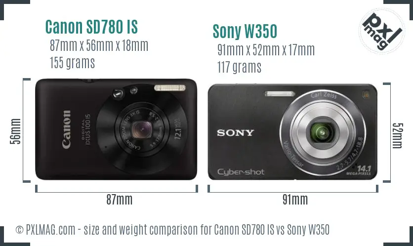 Canon SD780 IS vs Sony W350 size comparison