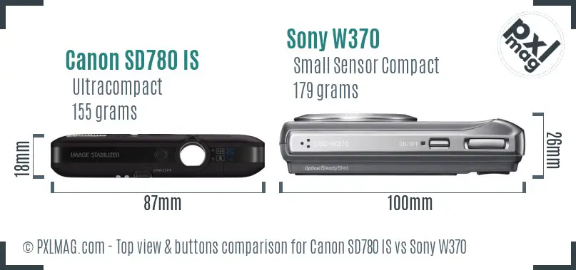 Canon SD780 IS vs Sony W370 top view buttons comparison