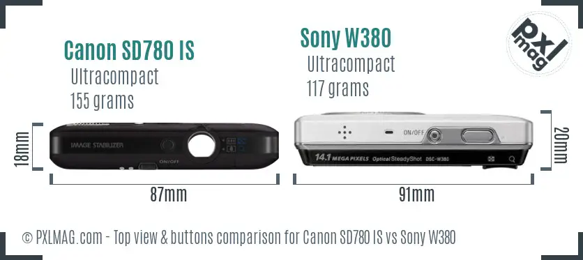 Canon SD780 IS vs Sony W380 top view buttons comparison