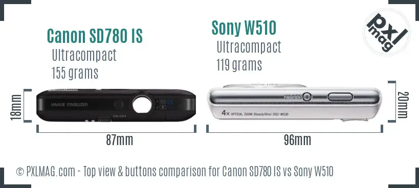 Canon SD780 IS vs Sony W510 top view buttons comparison