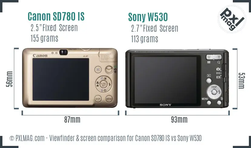 Canon SD780 IS vs Sony W530 Screen and Viewfinder comparison