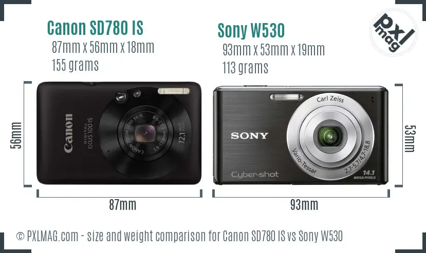 Canon SD780 IS vs Sony W530 size comparison