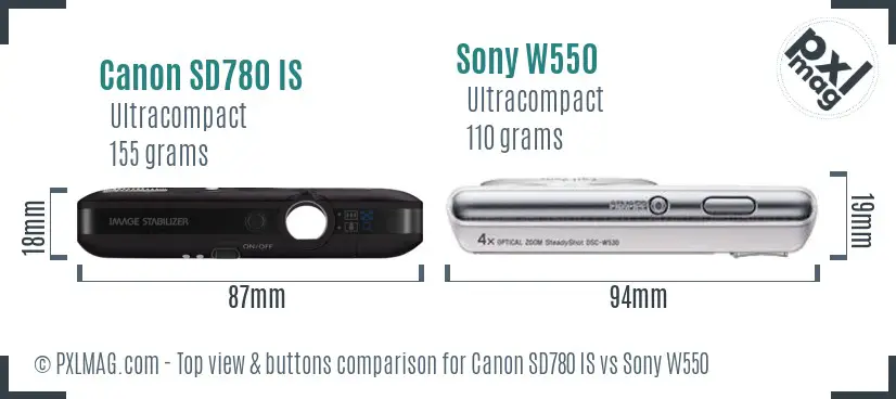 Canon SD780 IS vs Sony W550 top view buttons comparison