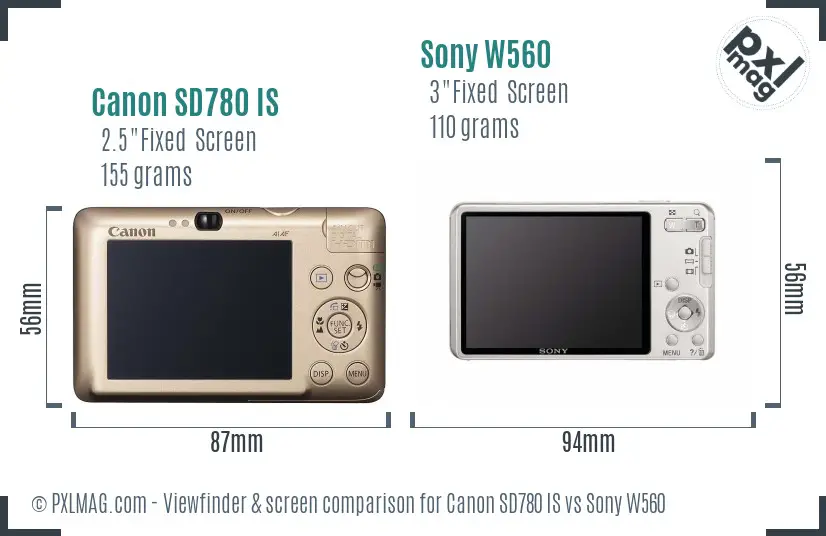 Canon SD780 IS vs Sony W560 Screen and Viewfinder comparison