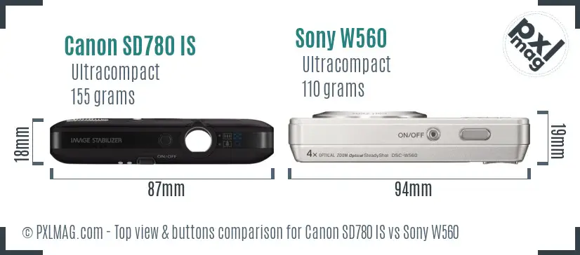 Canon SD780 IS vs Sony W560 top view buttons comparison