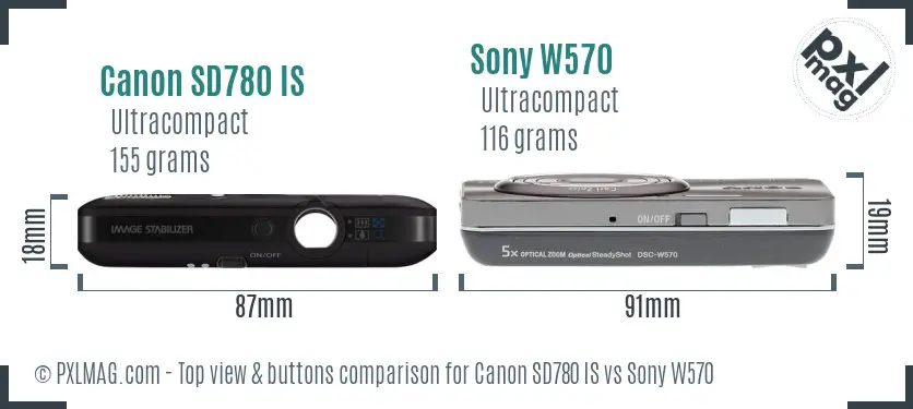 Canon SD780 IS vs Sony W570 top view buttons comparison