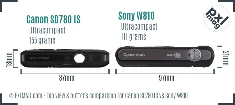 Canon SD780 IS vs Sony W810 top view buttons comparison