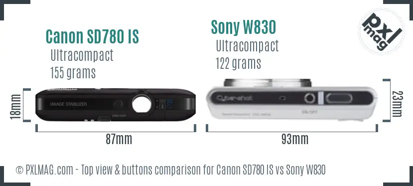 Canon SD780 IS vs Sony W830 top view buttons comparison