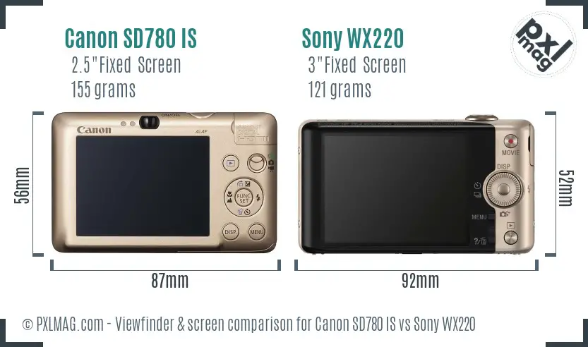 Canon SD780 IS vs Sony WX220 Screen and Viewfinder comparison