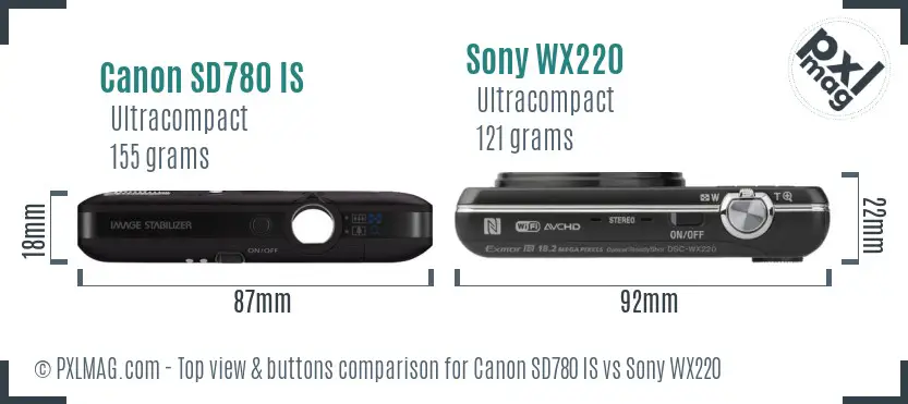 Canon SD780 IS vs Sony WX220 top view buttons comparison