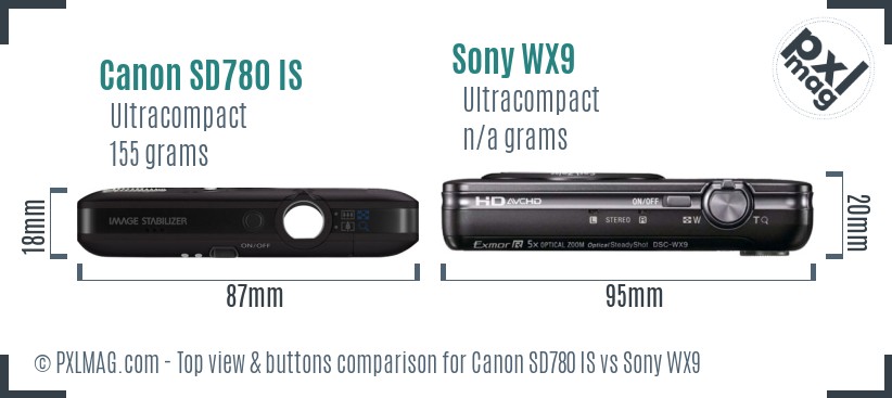 Canon SD780 IS vs Sony WX9 top view buttons comparison