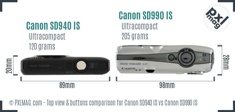 Canon SD940 IS vs Canon SD990 IS top view buttons comparison