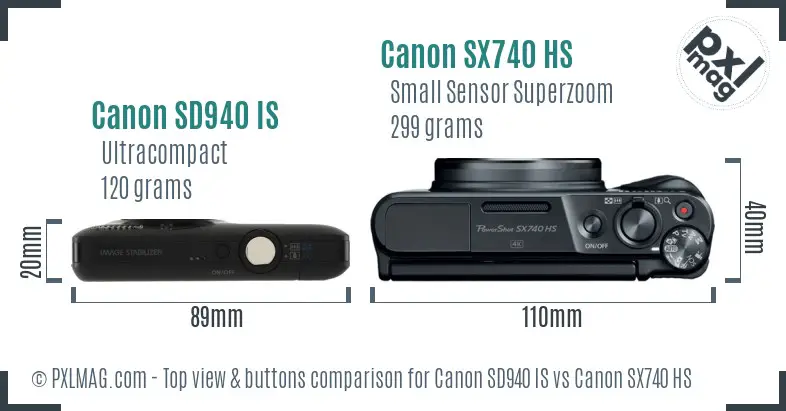 Canon SD940 IS vs Canon SX740 HS top view buttons comparison