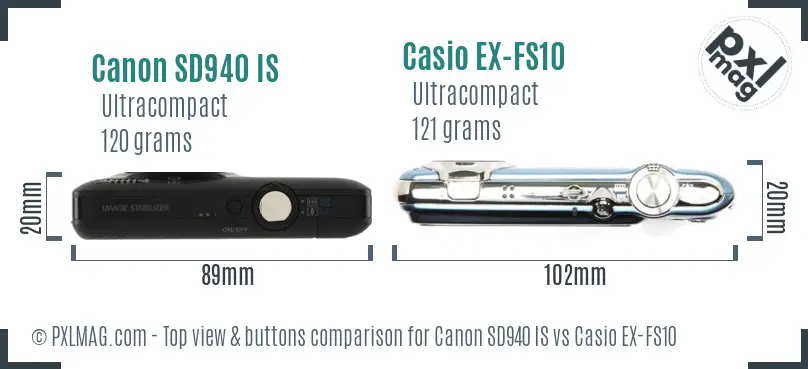 Canon SD940 IS vs Casio EX-FS10 top view buttons comparison