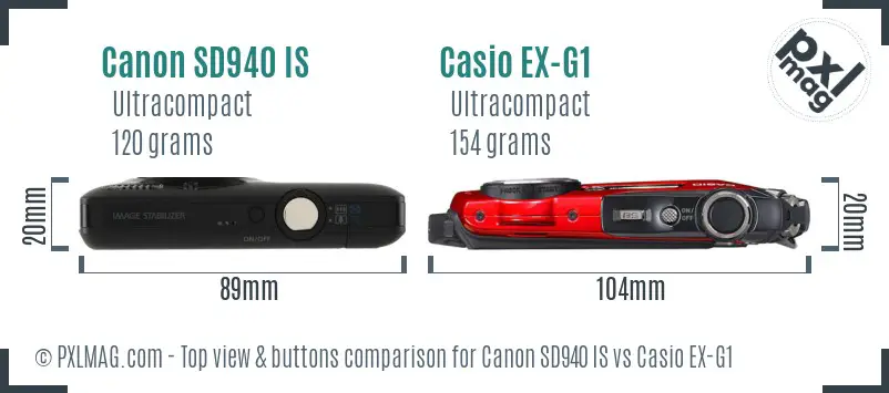 Canon SD940 IS vs Casio EX-G1 top view buttons comparison