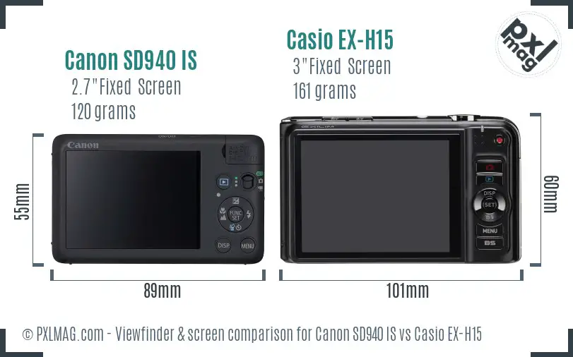 Canon SD940 IS vs Casio EX-H15 Screen and Viewfinder comparison