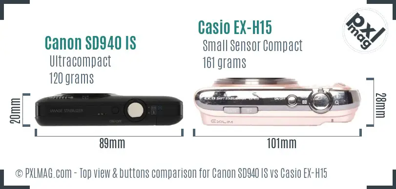 Canon SD940 IS vs Casio EX-H15 top view buttons comparison