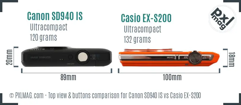 Canon SD940 IS vs Casio EX-S200 top view buttons comparison