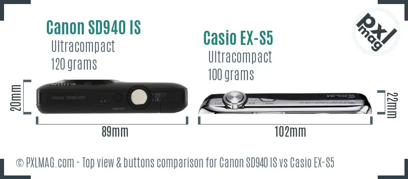 Canon SD940 IS vs Casio EX-S5 top view buttons comparison