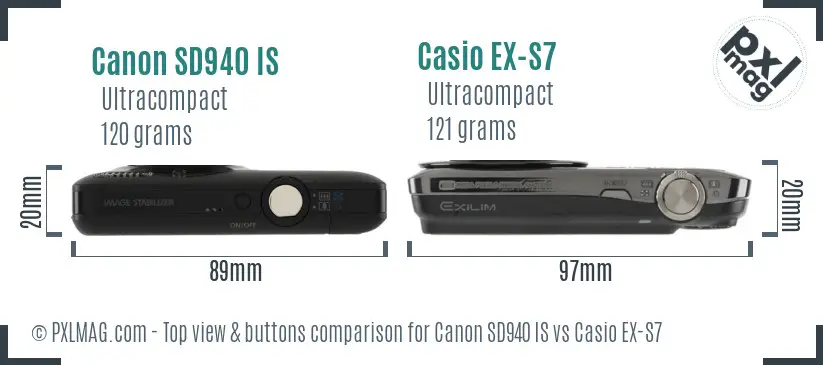 Canon SD940 IS vs Casio EX-S7 top view buttons comparison