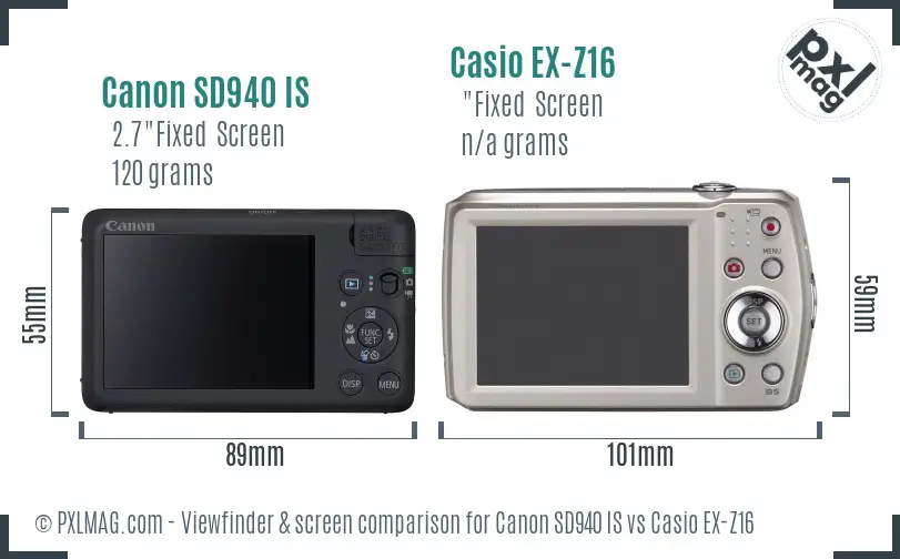 Canon SD940 IS vs Casio EX-Z16 Screen and Viewfinder comparison