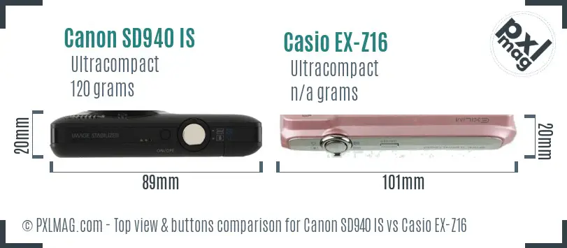 Canon SD940 IS vs Casio EX-Z16 top view buttons comparison