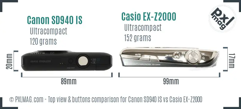 Canon SD940 IS vs Casio EX-Z2000 top view buttons comparison
