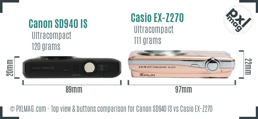 Canon SD940 IS vs Casio EX-Z270 top view buttons comparison