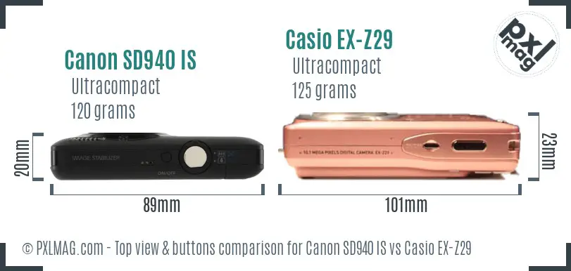 Canon SD940 IS vs Casio EX-Z29 top view buttons comparison